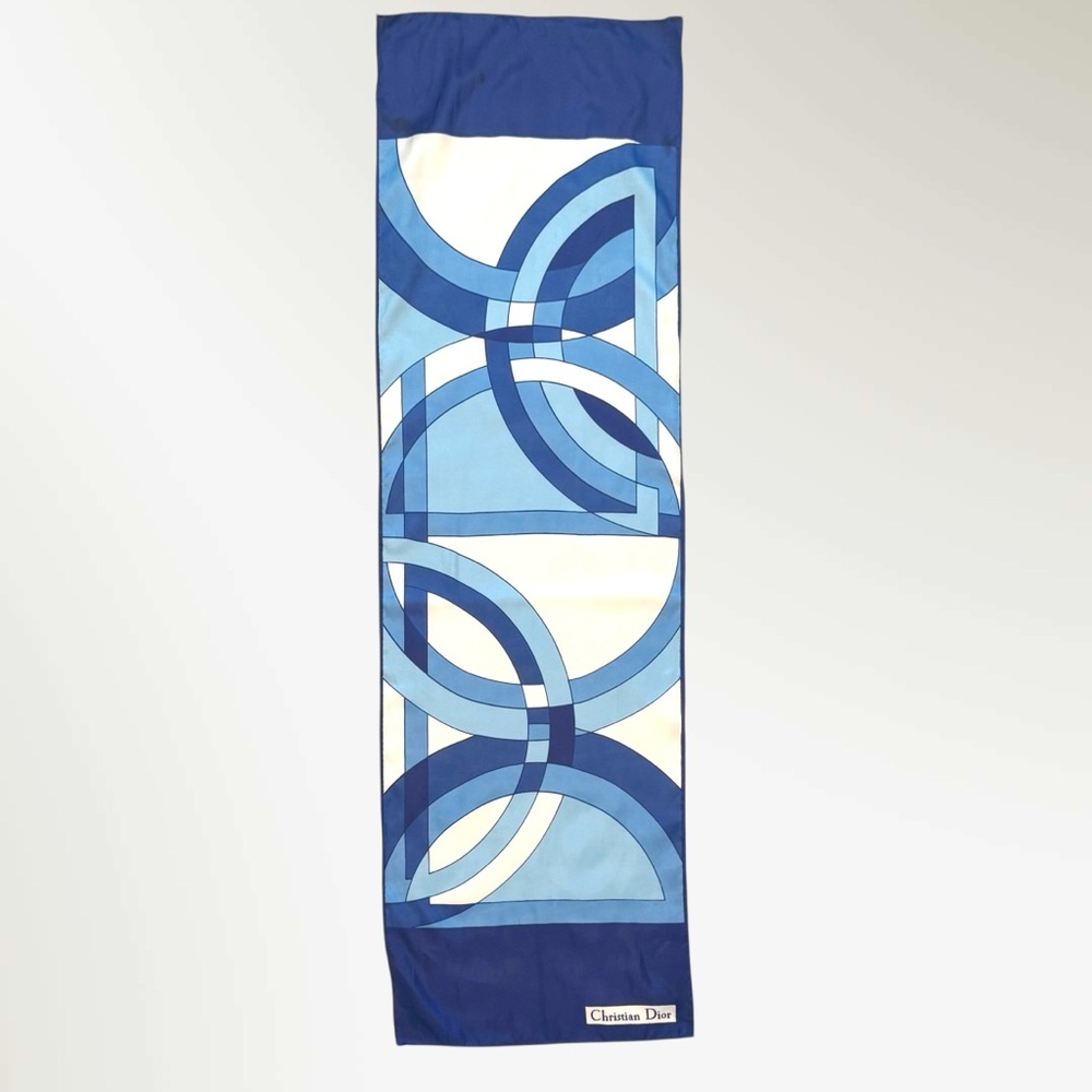Christian Dior Vintage Silky Satin Blue Geometric Print Oblong Rectangle 44 x 14 - Picture 6 of 14